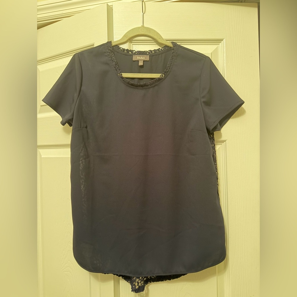 Neiman Marcus Black Short Sleeve Top with Lace Detail